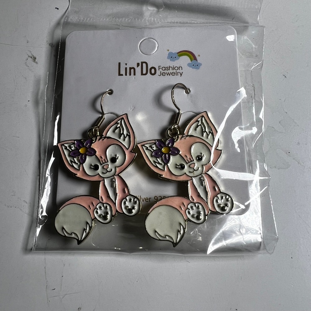 Lin'Do OS Fox Drop Earrings Pink Enamel Whimsical Animal Flower Silver Tone